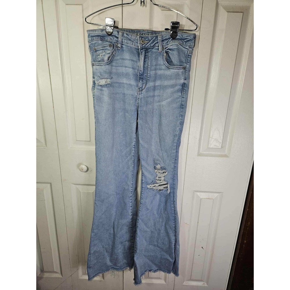 American Eagle Super High Rise Flare Jeans Distressed Light Wash Denim 14 Long